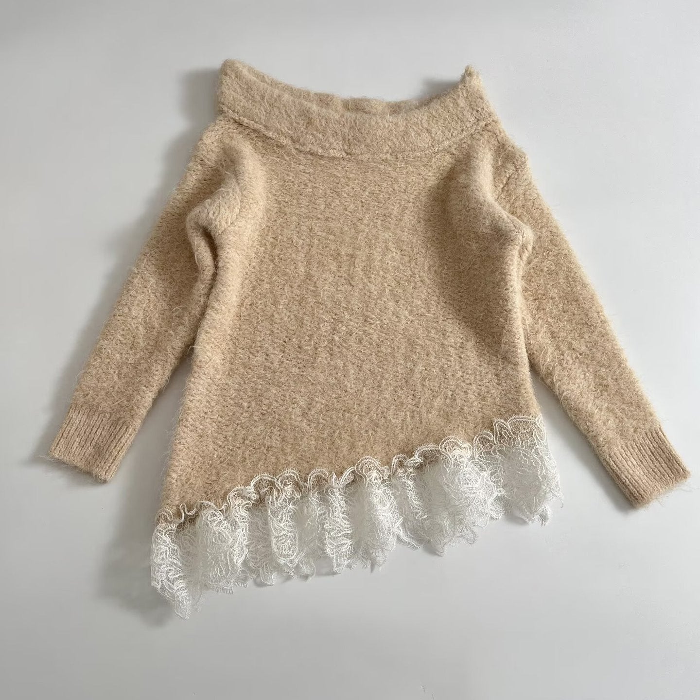 Women's Fuzzy Knit Sweater with Off-the-Shoulder Neckline and Lace Trim Chichicherry