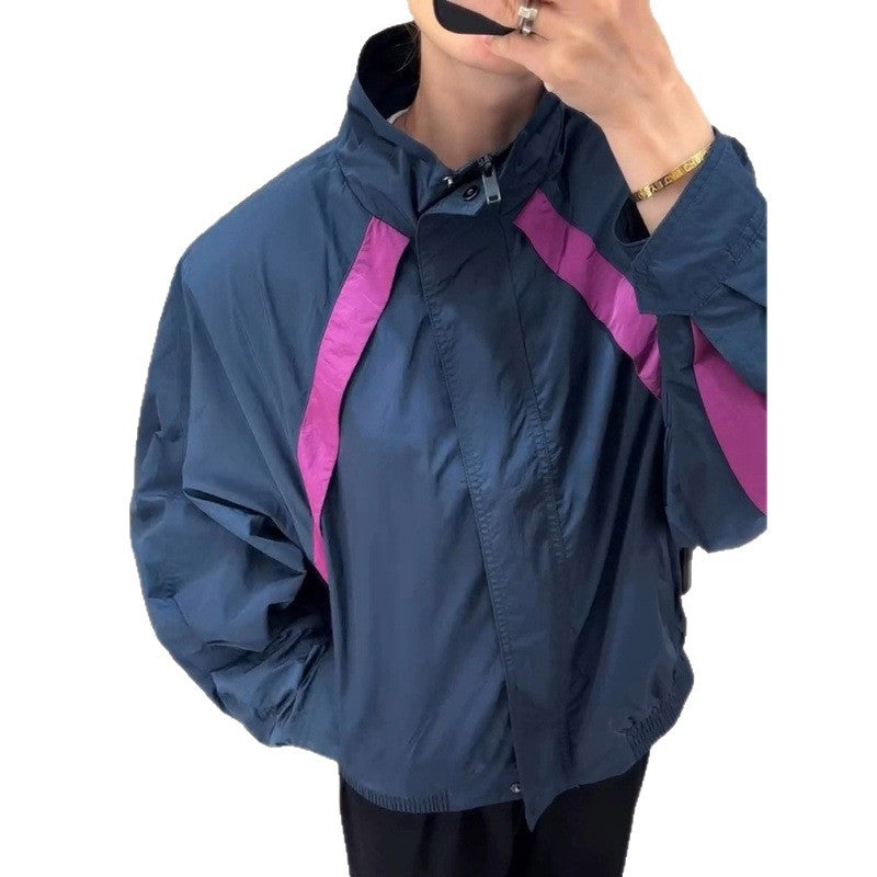 Women's Lightweight Oversized Windbreaker with High Stand-Up Collar and Contrast Stripes Chichicherry
