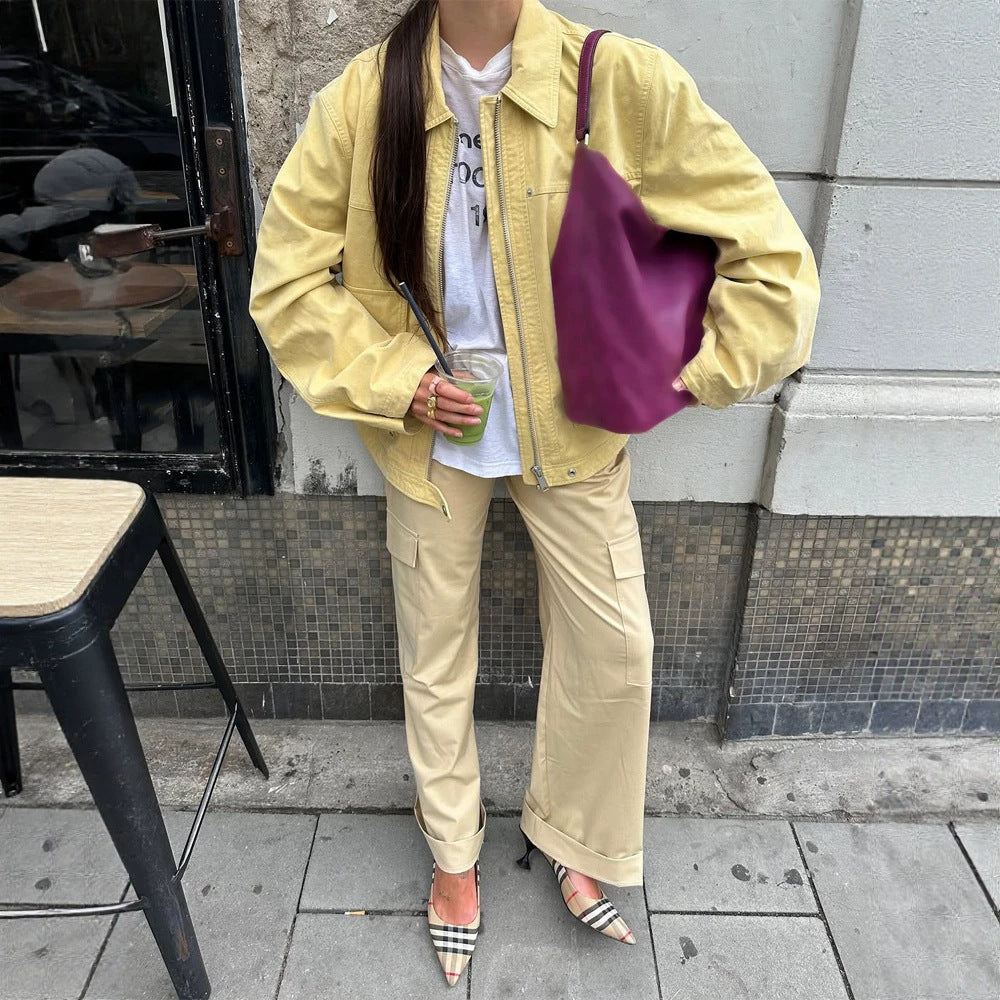 Women's Boxy-Canvas-Jacket with Zipper, Flap Pockets and Waist Drawstring Chichicherry