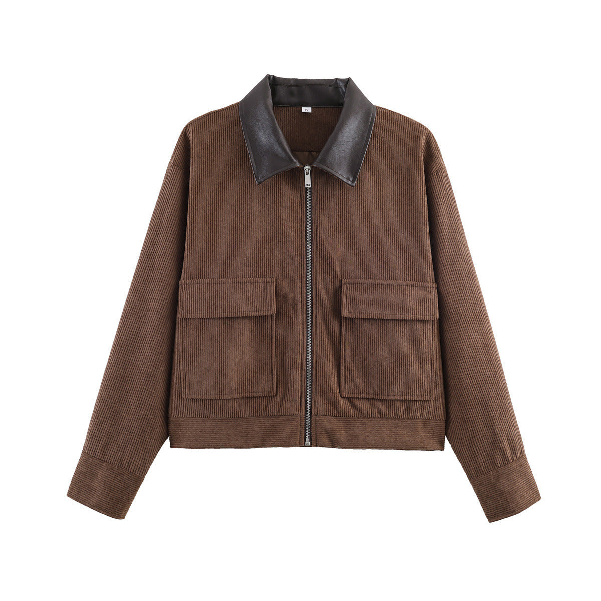Women short-cut ribbed cardigan with contrast collar, patch pockets and zipper Chichicherry