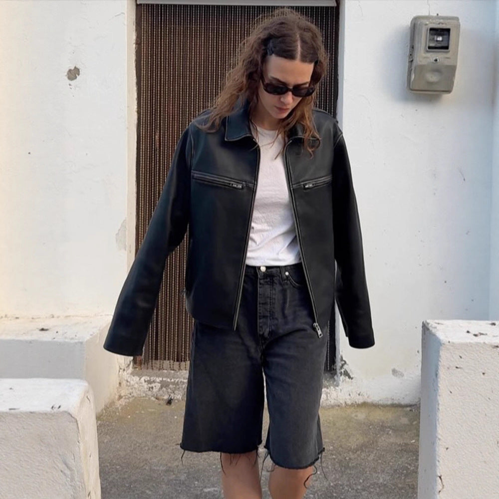 Women Boxy Faux Leather Jacket with Double Zipper and Chest Zippers Chichicherry