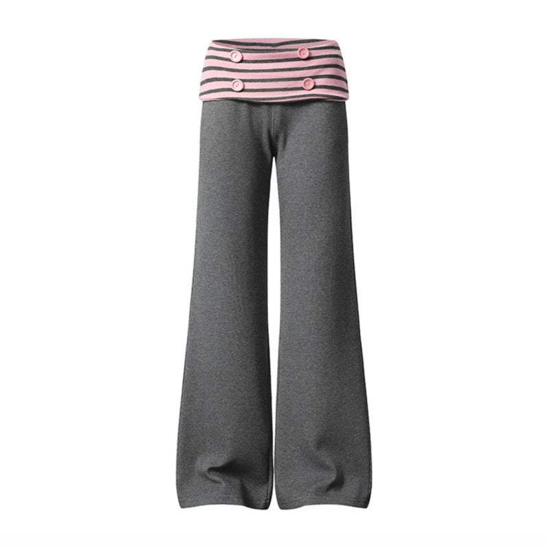 Women's Wide Loungewear Pants with Cuffable Striped Waistband and Decorative Buttons Chichicherry