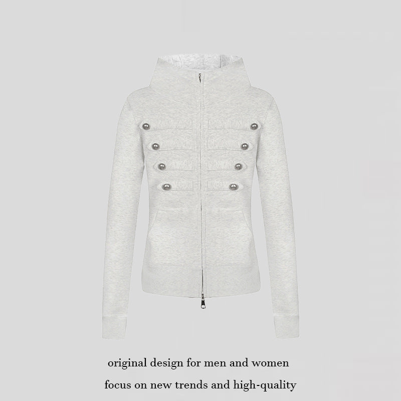 Ladies hooded sweatshirt jacket in military style with stand-up collar, decorative straps, and continuous zipper Chichicherry