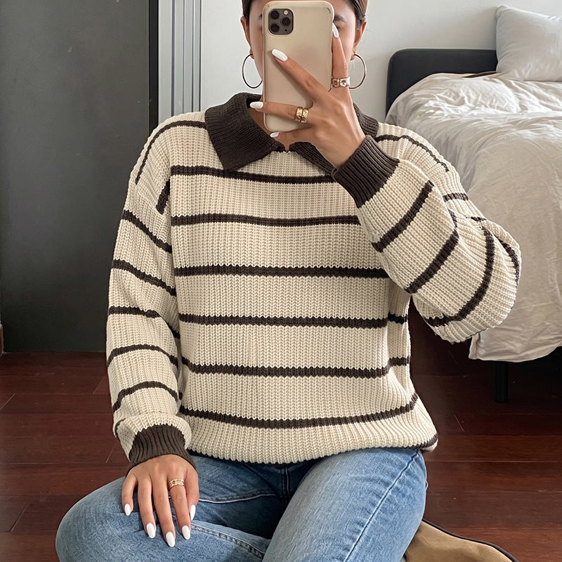Women's Striped Knit Polo Sweater with Contrast Collar and Loose Oversize Fit Chichicherry