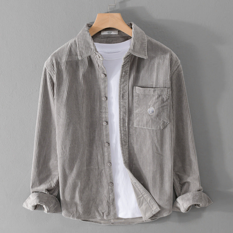 Men's fine corduroy overshirt with soft touch, side elongated hem and chest pocket Chichicherry