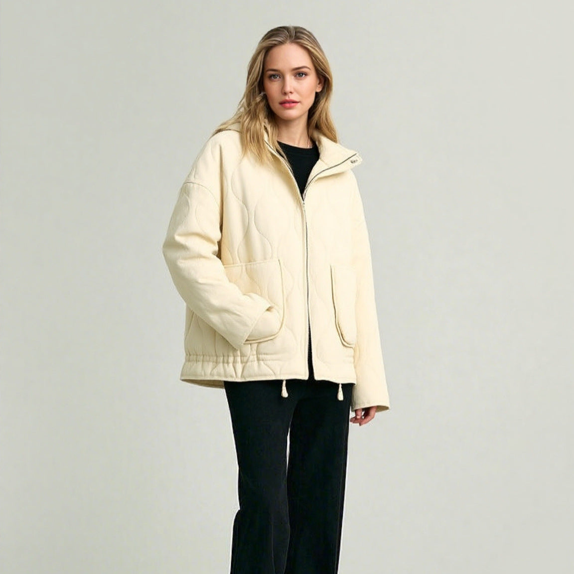 Unisex quilted jacket with stand-up collar, front pockets, and drawstring Chichicherry