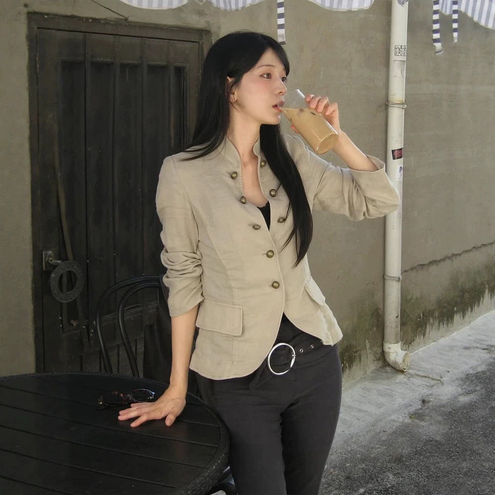 Women Tailored Linen Blazer with Stand-up Collar and Decorative Button Placket Chichicherry