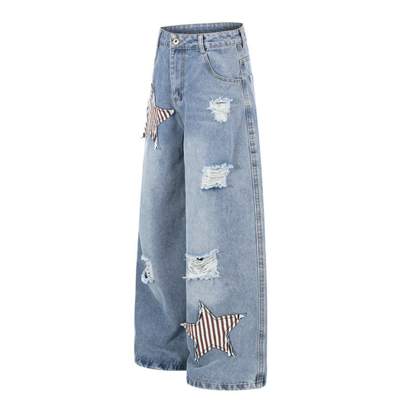 Women's wide high-rise jeans with star appliqués and distressed effect Chichicherry