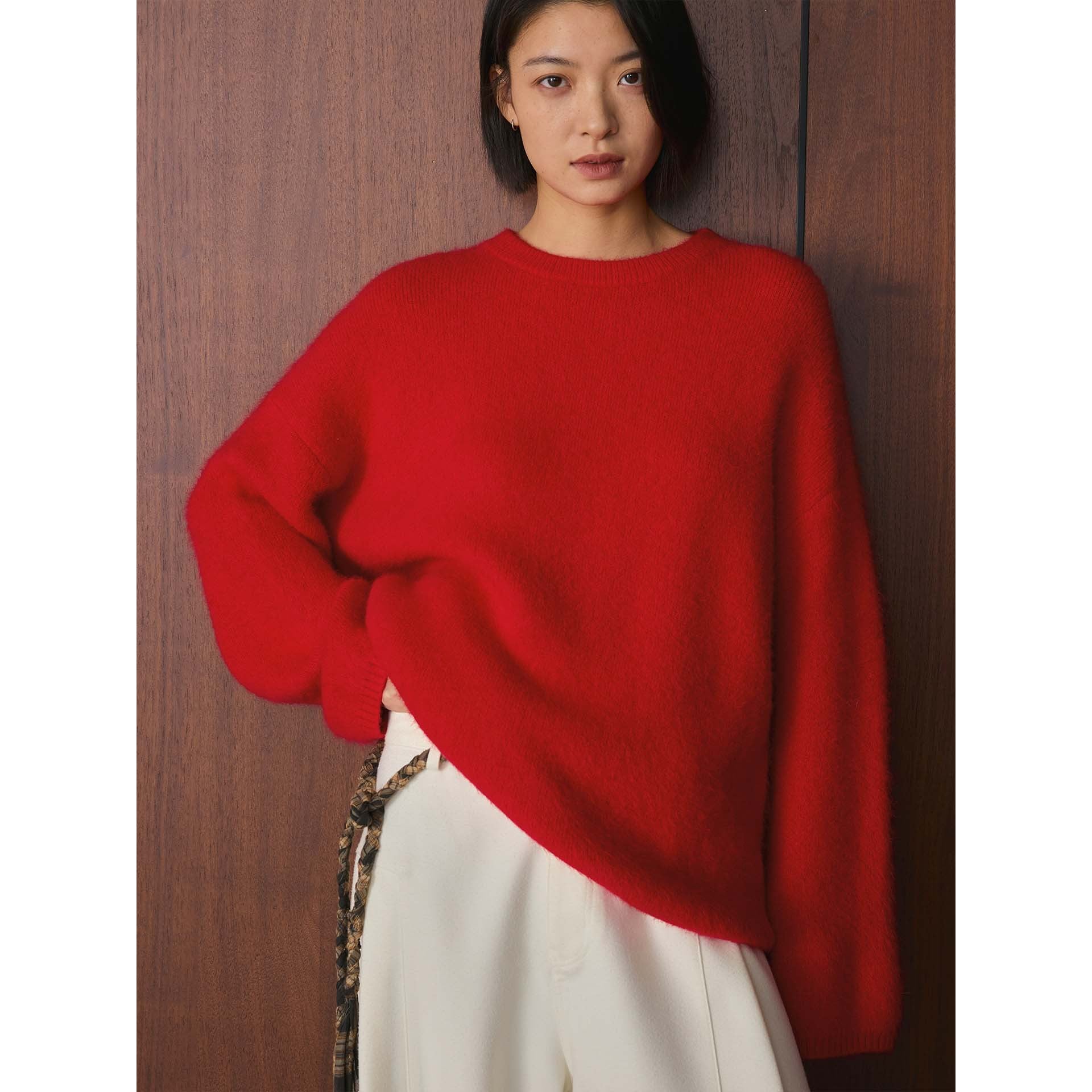Women Soft Oversize Knit Sweater with Round Neckline Chichicherry