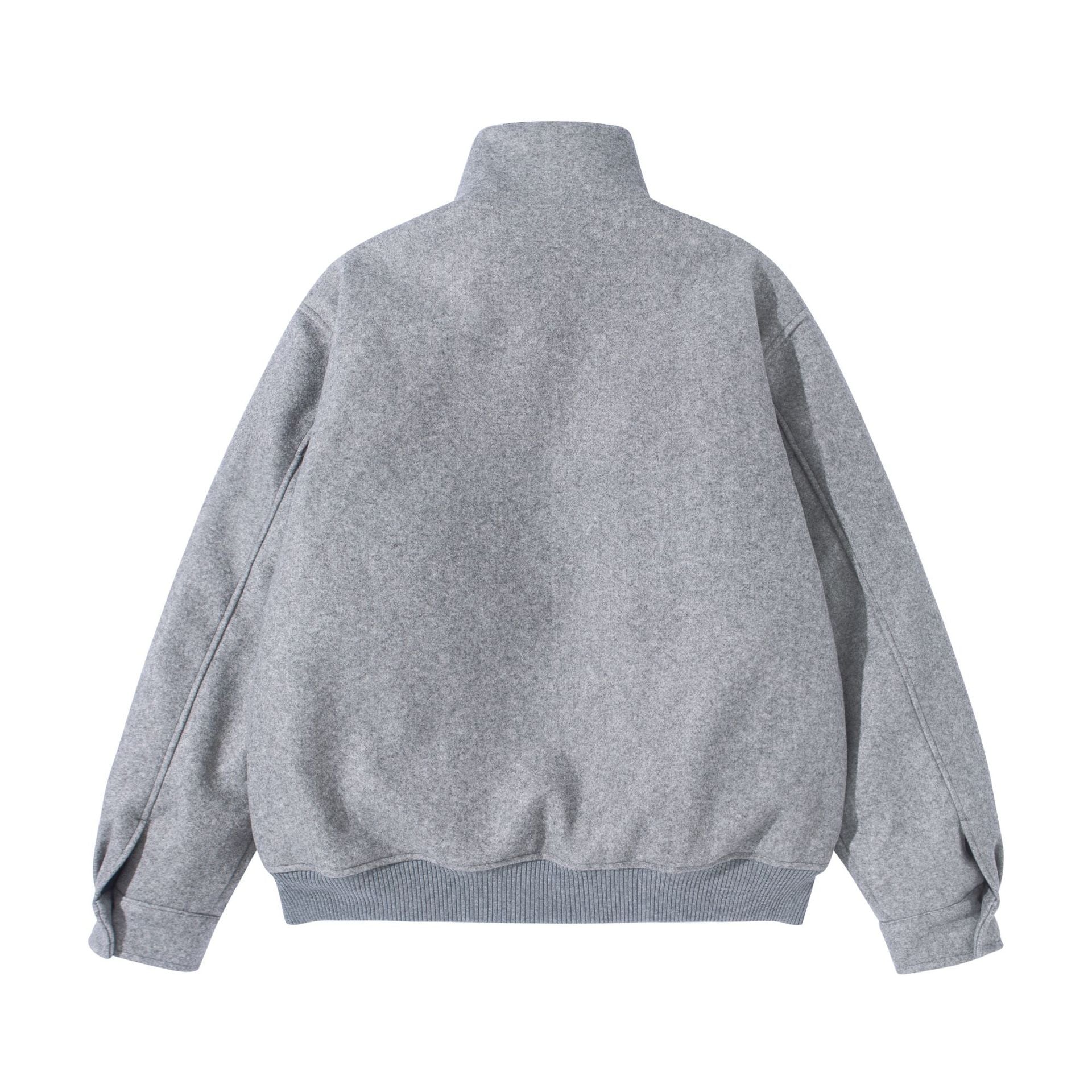 Unisex Boxy Wool Felt Bomber Jacket with High Stand-Up Collar, Fleece Lining and Ribbed Hem Chichicherry