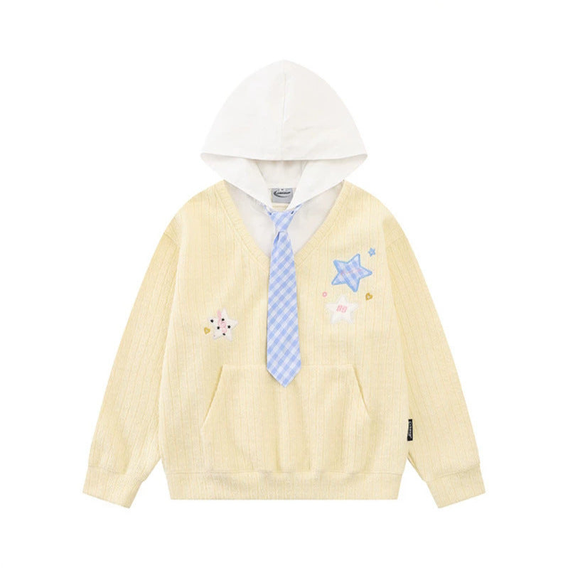 Women's hoodie with V-neck, attached tie application and star patches Chichicherry