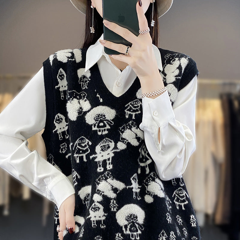 Women's Oversized Knit Vest with V-Neck and Playful Jacquard Motif Chichicherry