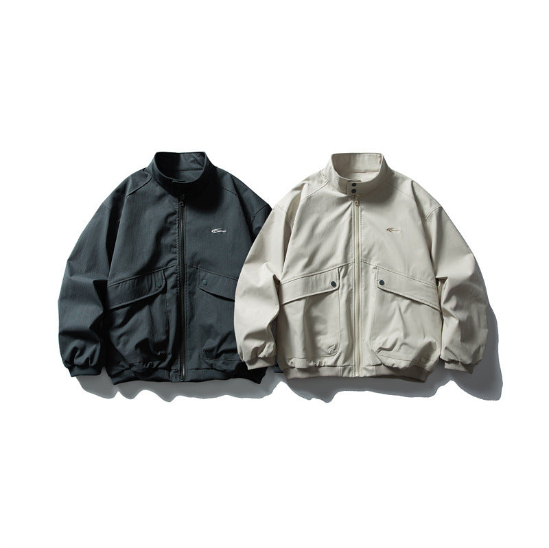 Unisex Oversize Boxy Bomber Jacket with Stand-up Collar and Large Flap Pockets Chichicherry