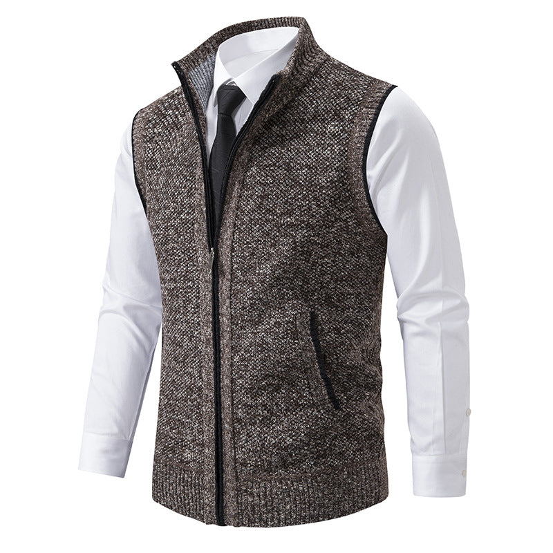 Men's Slim-Fit Sleeveless Structured Knit Vest with Stand Collar and Front Zipper Chichicherry