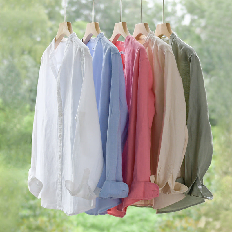 Men's Lightweight Linen Blend Stand Collar Shirt in Relaxed Fit with Full Button Placket Chichicherry
