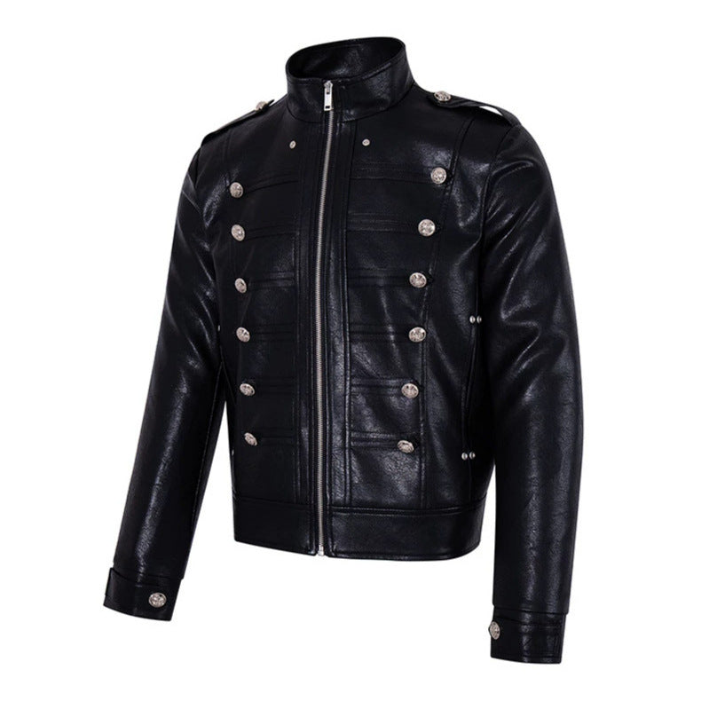 Men's military-inspired faux leather jacket with stand-up collar, decorative button row and shoulder pads Chichicherry