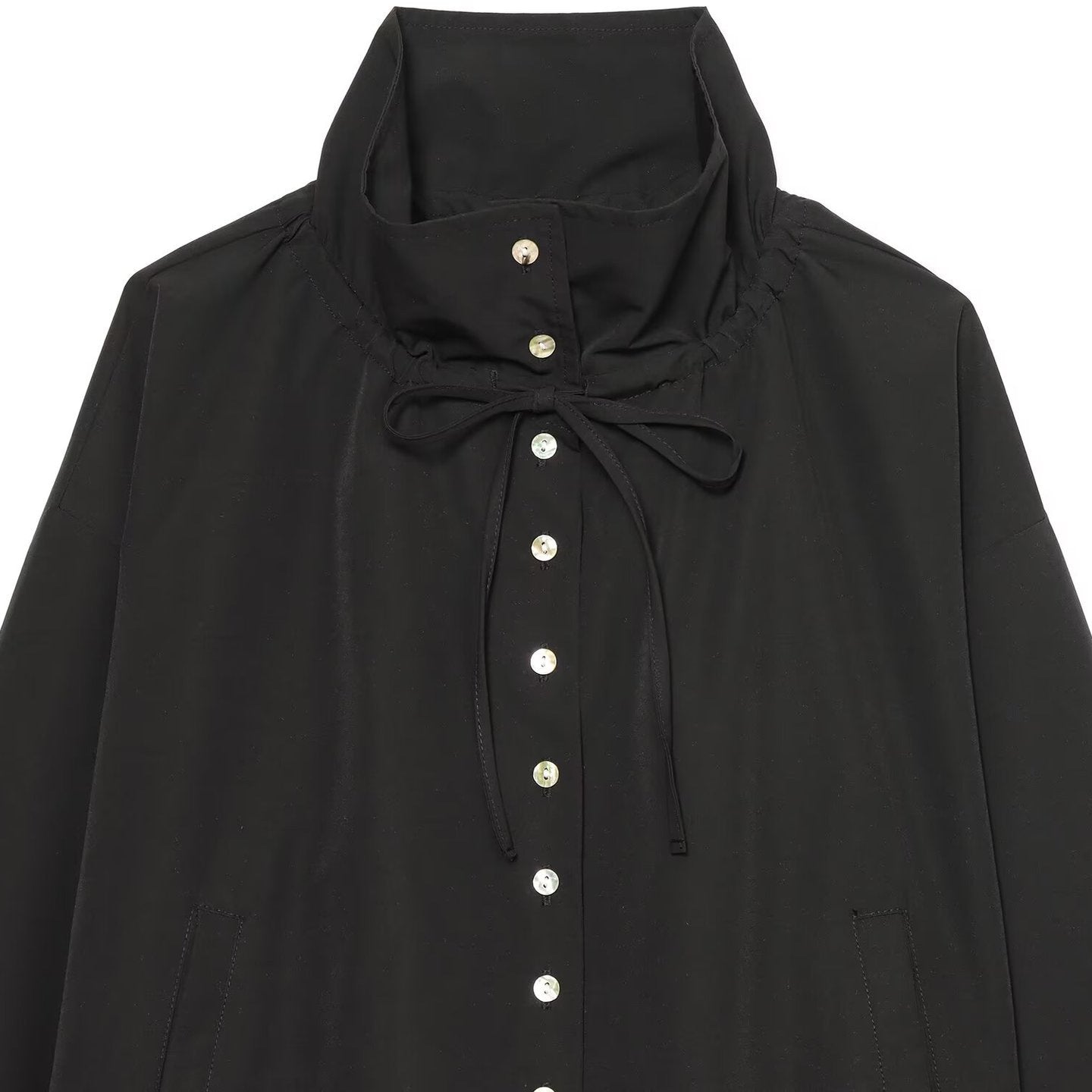 Women's short jacket in blouson style with high stand-up collar and drawstring