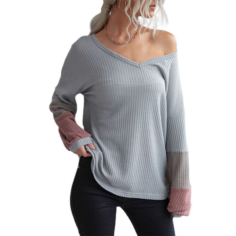 Women's Loose Waffle Knit Shirt with V-Neck and Colorblock Sleeves Chichicherry