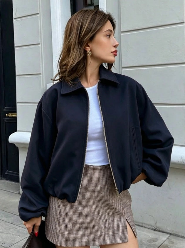 Ladies short cut oversized bomber jacket with zipper and elastic hem Chichicherry