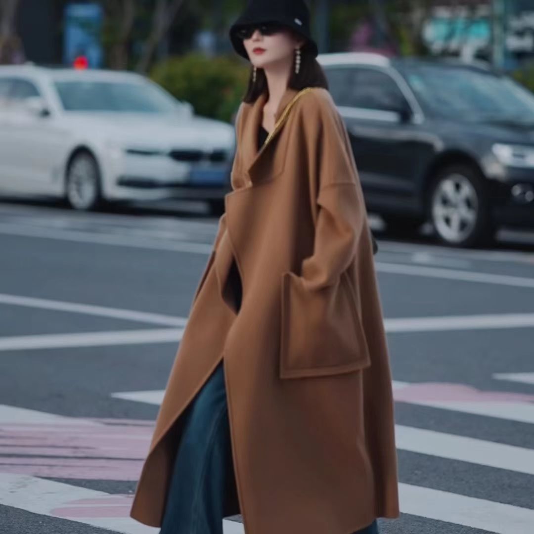 Women's Oversized Wool Blend Coat with Open Cut and Deep Inset Pockets Chichicherry