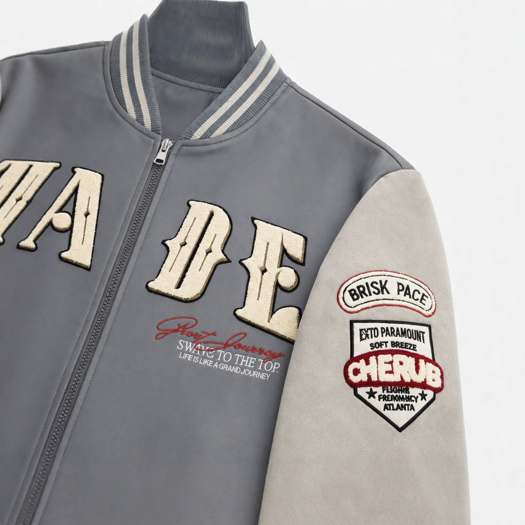 Men's college jacket in letterman style with faux leather body and velour sleeves Chichicherry