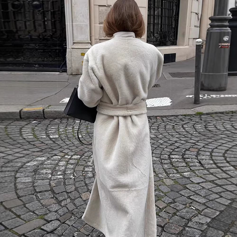 Women Maxilength Oversized Teddy Coat with Minimalist Stand Collar and Concealed Snap Button Placket Chichicherry