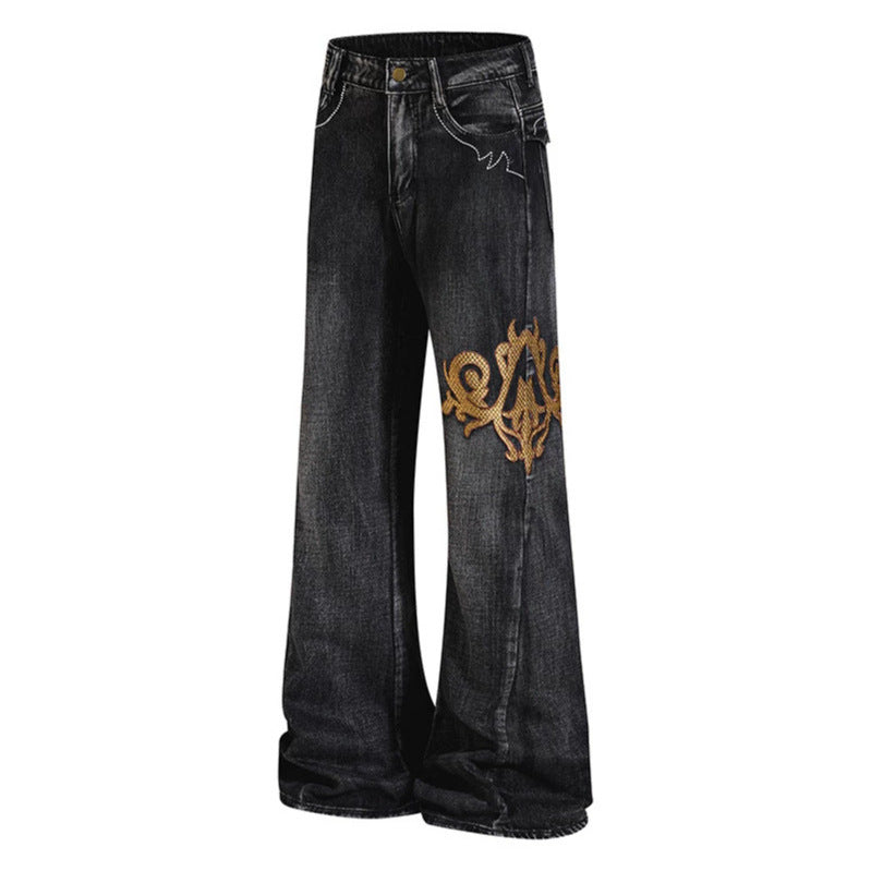 Women Wide High-Waist Flared Jeans with Baroque Embroidery Chichicherry