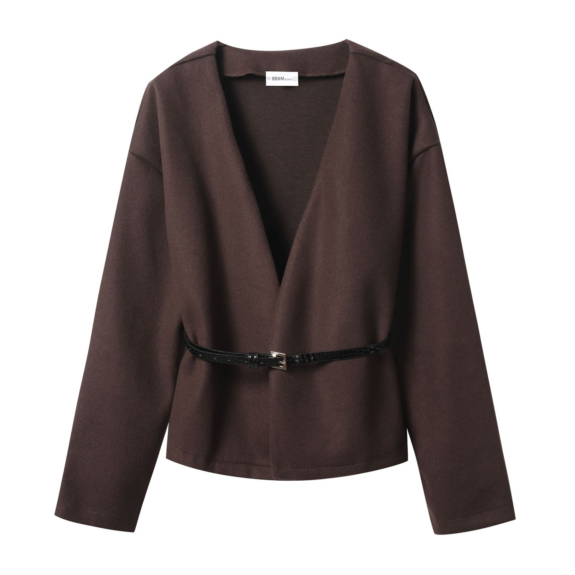 Women's short wrap coat made of wool blend with deep shawl collar and narrow waist belt Chichicherry