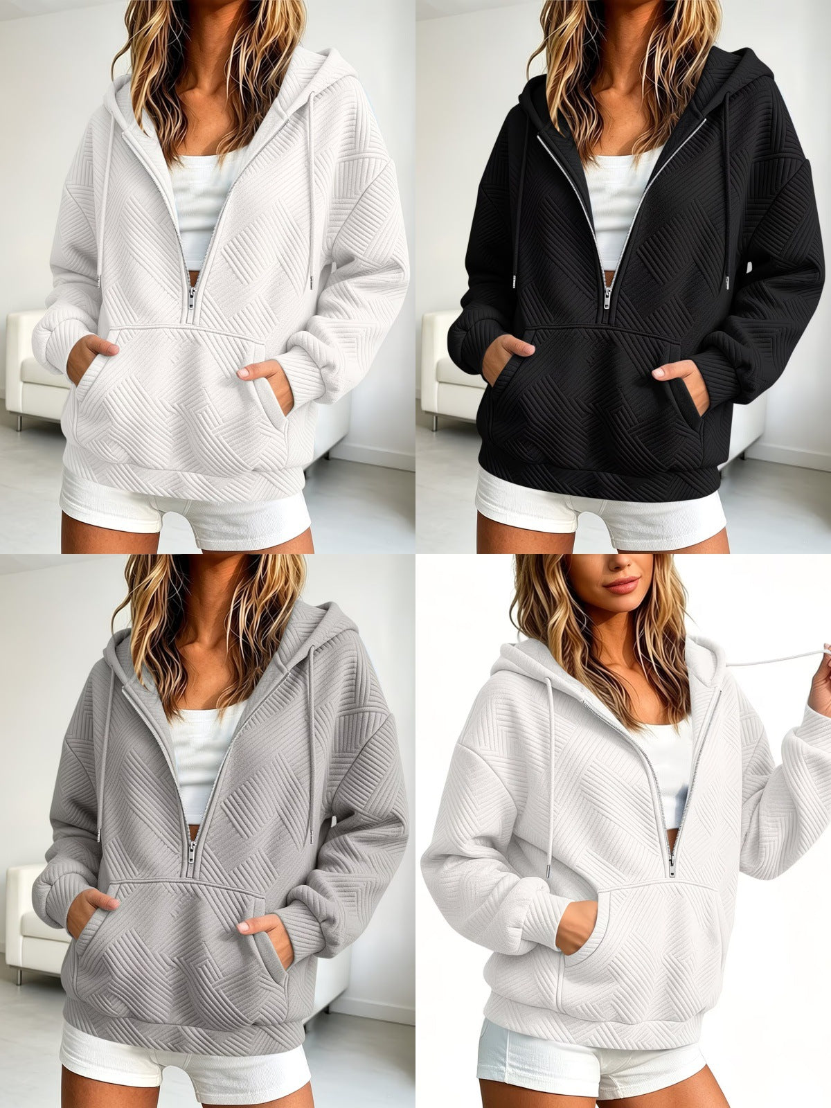 Women's Quilted Half-Zip Hoodie with Geometric Quilted Texture Chichicherry