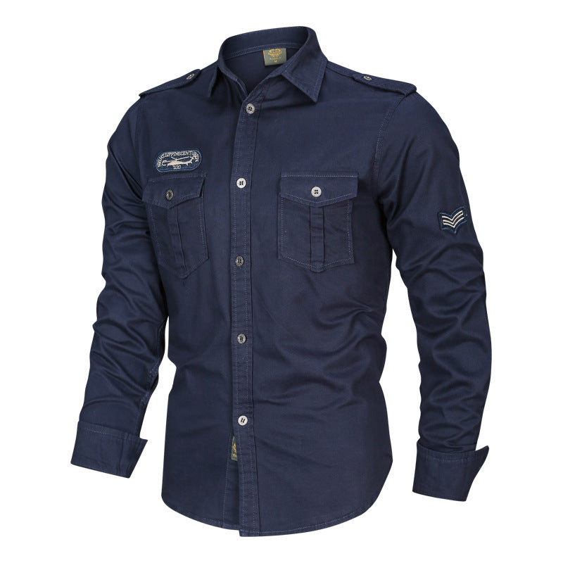 Men's military cotton shirt with epaulettes, flap pockets, and embroidered patches Chichicherry