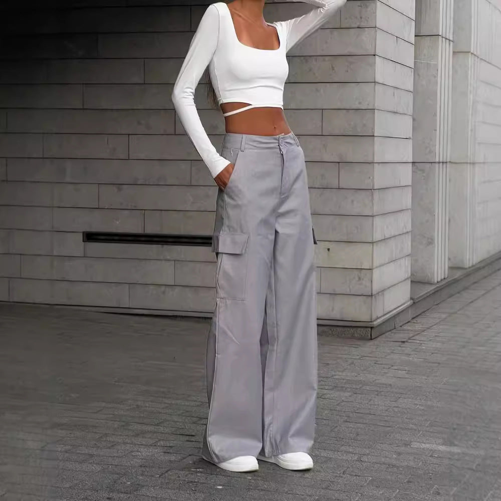 Damen Weite High-Waist Cargo-Hose mit Oversized-Silhouette und Klappentaschen Chichicherry