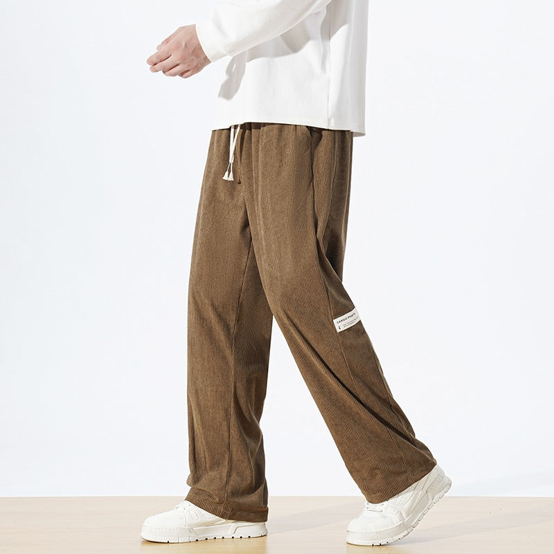 Men's Loose Cord Pants in Relaxed Fit with Drawstring Waist & Straight Leg Chichicherry
