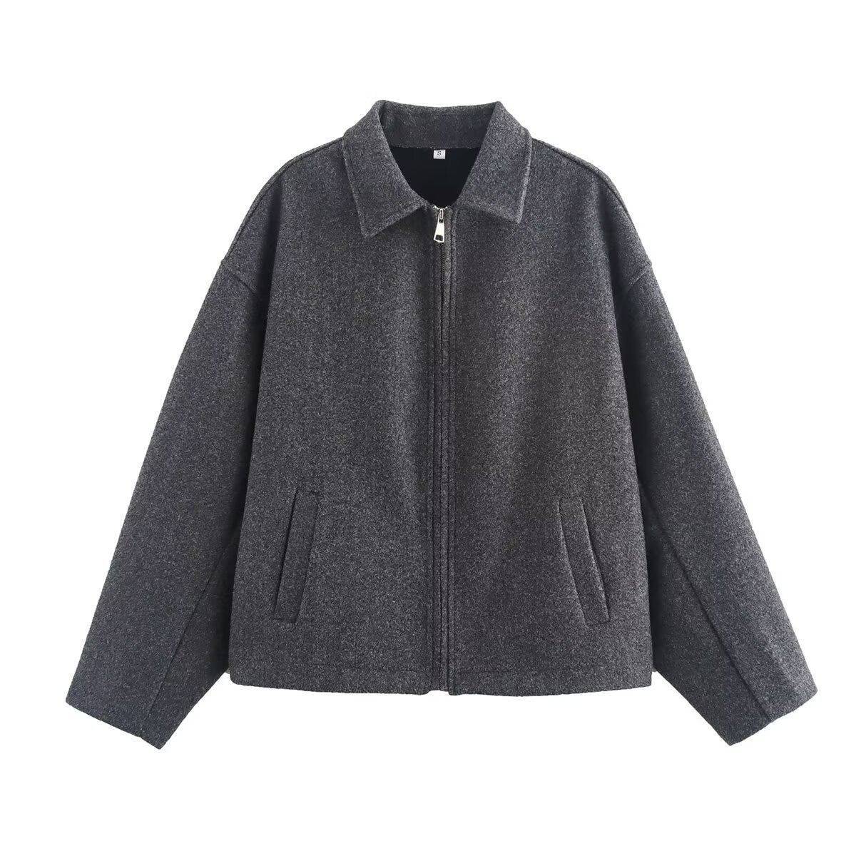 Women Boxy Wool Blend Bomber Jacket with Shirt Collar, Concealed Zipper and Side Pockets Chichicherry