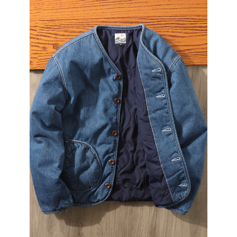 Herren Gefütterte Denim-Utility-Jacke ohne Kragen mit Knopfverschluss und runden Pattentaschen Chichicherry