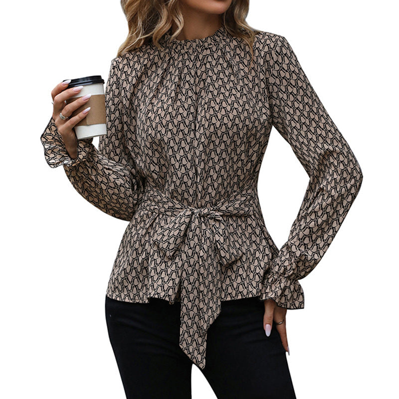 Women Printed Fitted Chiffon Blouse with Stand-Up Collar, Tie Belt and Ruffled Hem Chichicherry