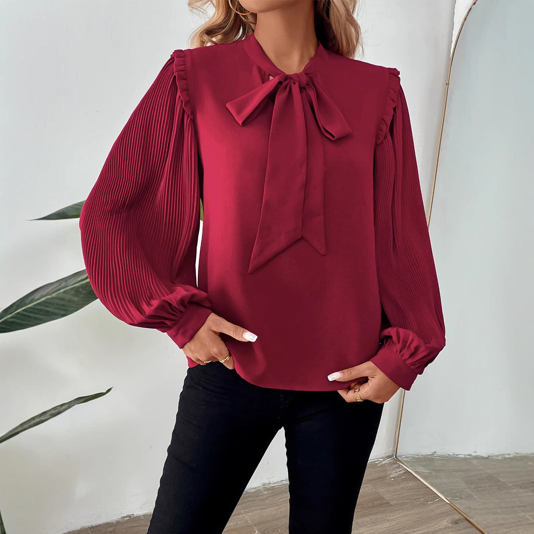 Ladies Elegant Chiffon Blouse with Bow Collar and Pleated Sleeves Chichicherry