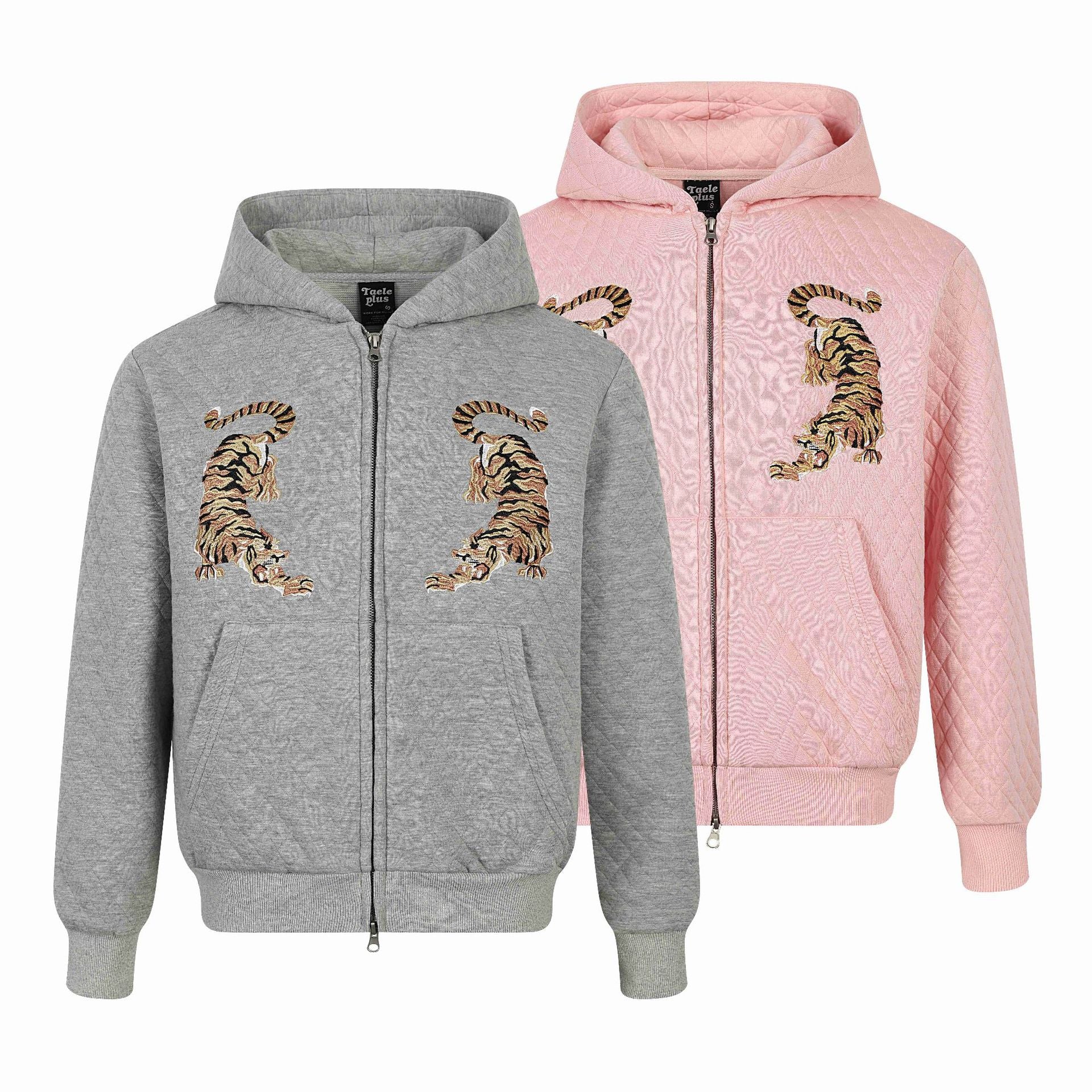 Unisex Quilted Hooded Jacket with Zipper, Kangaroo Pocket and Reflective Tiger Embroidery Chichicherry