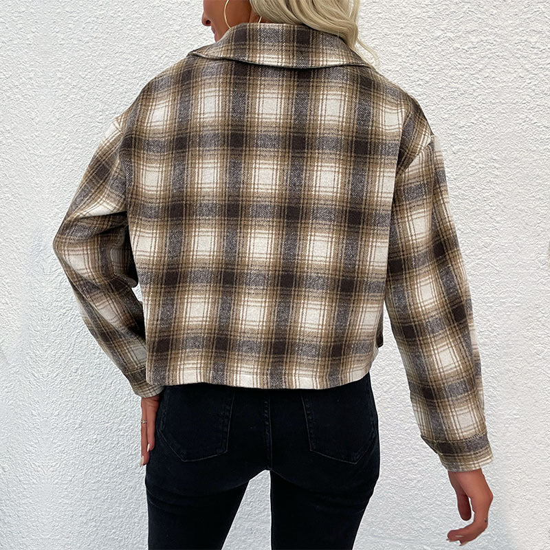 Women's Checked Cropped Transitional Jacket with Shirt Collar Chichicherry