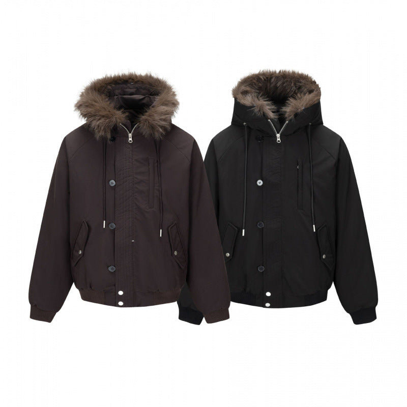 Men's short-cut thermo bomber jacket with detachable hood and faux fur collar Chichicherry