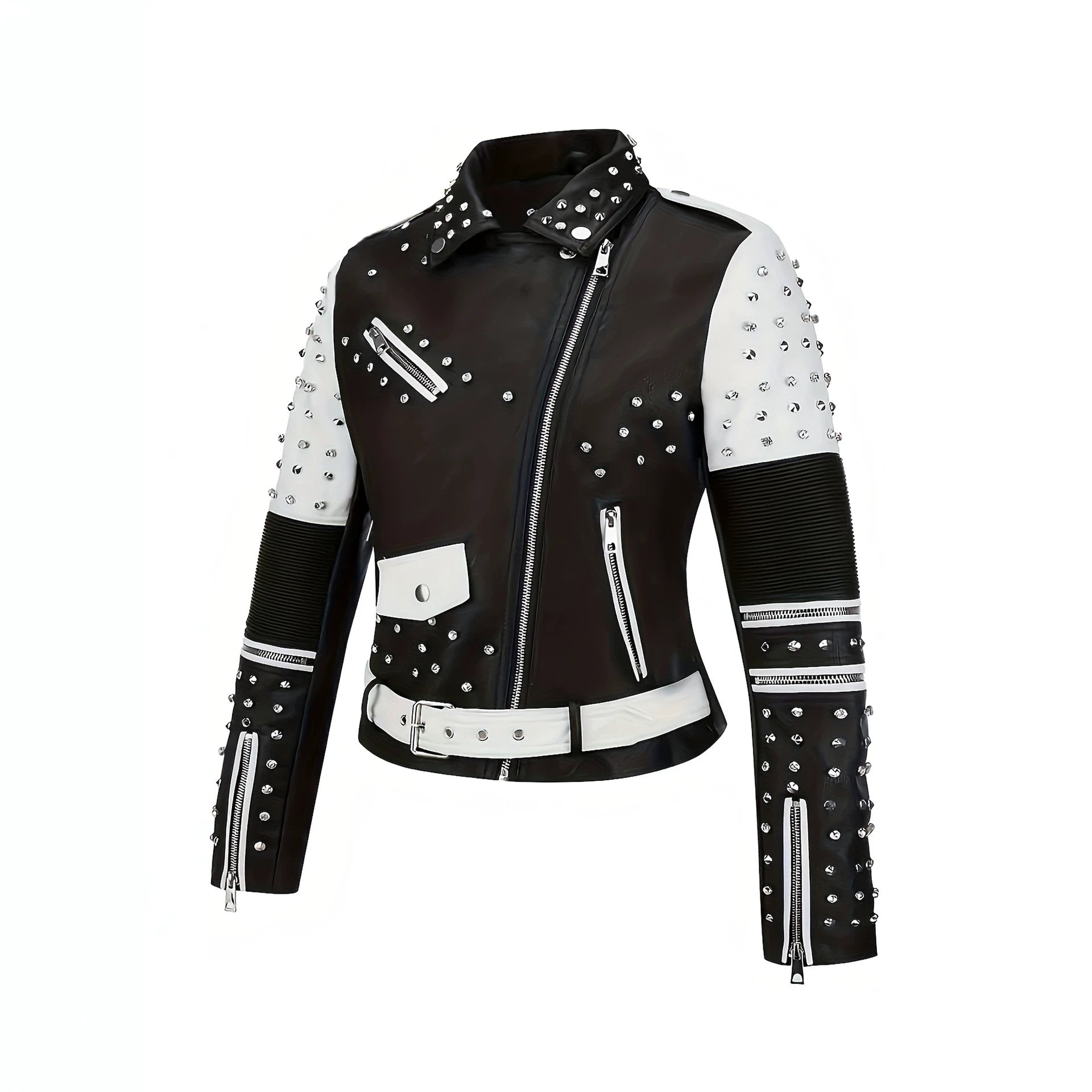 Women's Studded Biker Jacket made of Faux Leather with Waist Belt Chichicherry