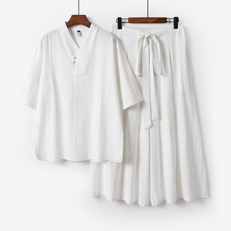 Unisex Two-Piece Kimono Lounge Set with Stand Collar Short Sleeve Top and Loose Tie Waist Pants Chichicherry