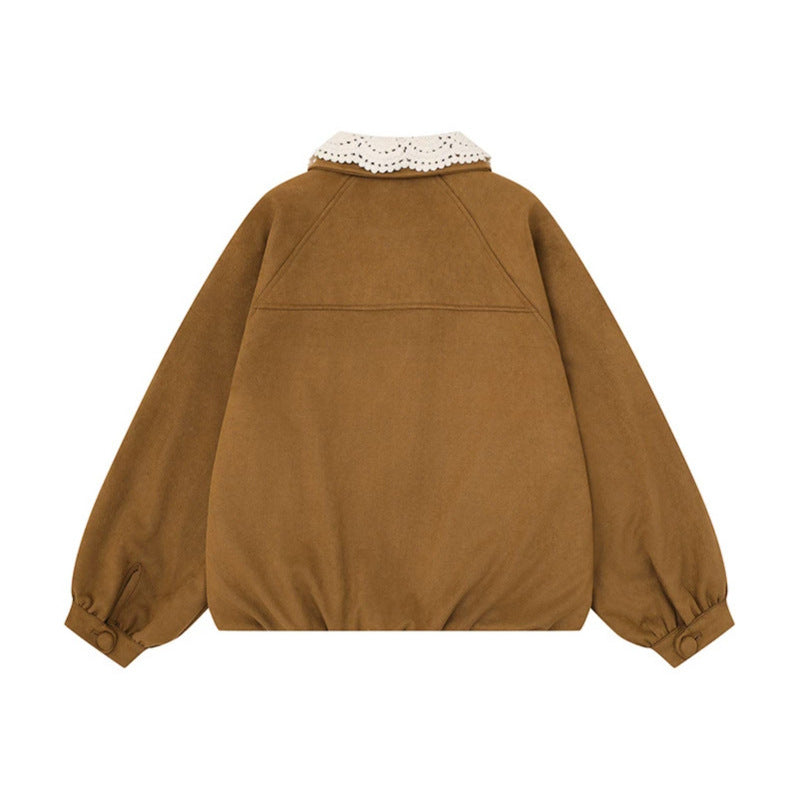 Women's Short Bomber Jacket with Crochet Collar and Ribbon Chichicherry