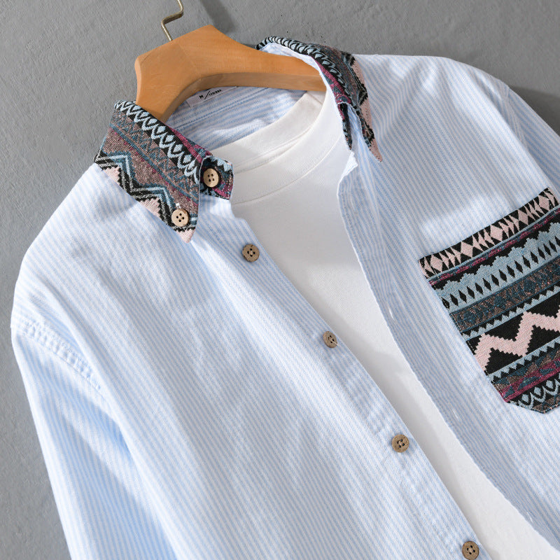 Men's Striped Cotton Shirt with Jacquard Collar and Pocket Trim Chichicherry