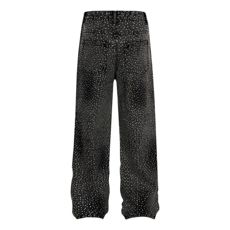 Ladies Wide High-Waist Denim Palazzo Jeans with Allover Rhinestones and Elastic Hem