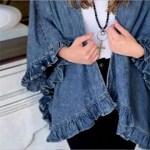 Women Oversized Jeans Kimono with Ruffle Edge and Open Fall Chichicherry