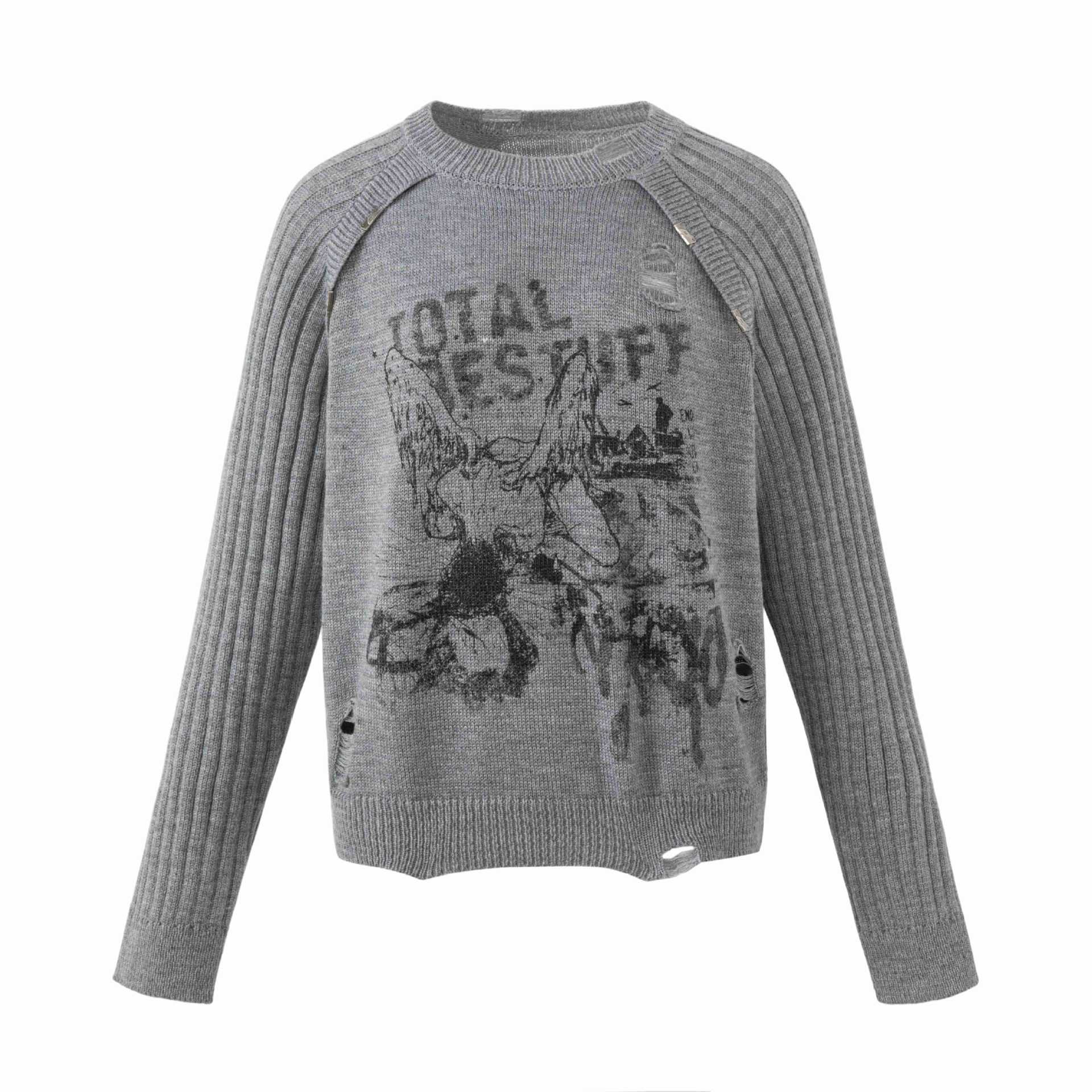 Women Chunky Knit Distressed Raglan Sweater with Retro Graphic Print Chichicherry
