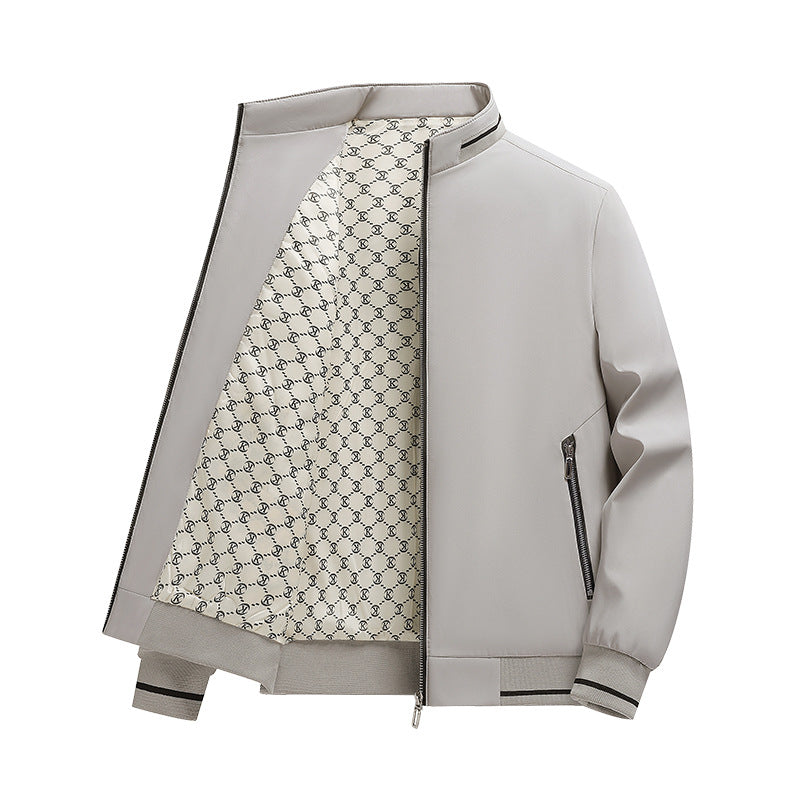 Men's Lightweight Bomber Jacket with Stand Collar, Zipper & Patterned Satin Lining Chichicherry