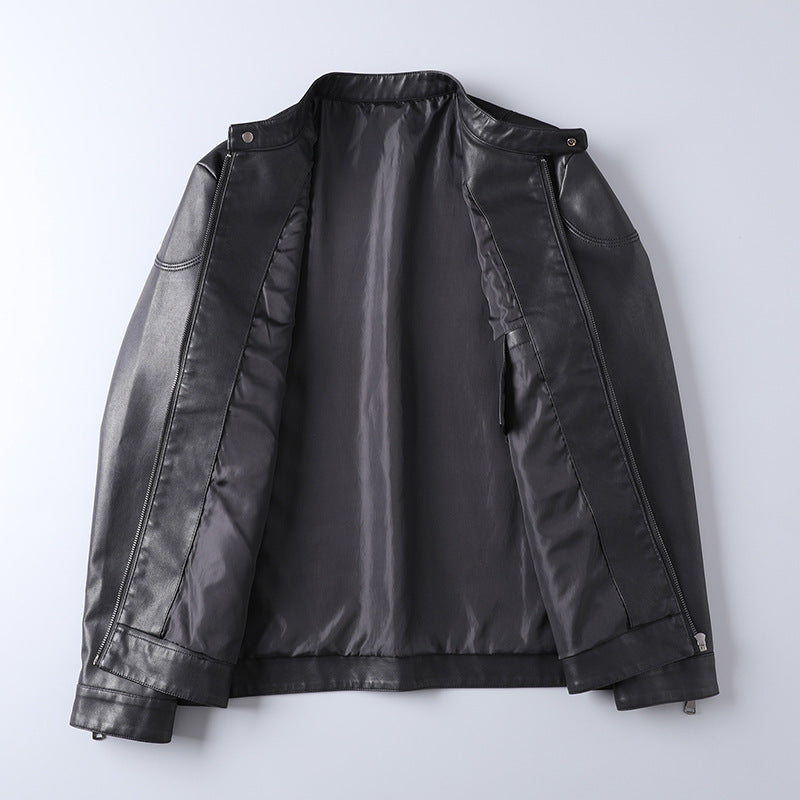 Men's Minimalist Faux Leather Blouson with Stand Collar and Side Zipper Pockets Chichicherry