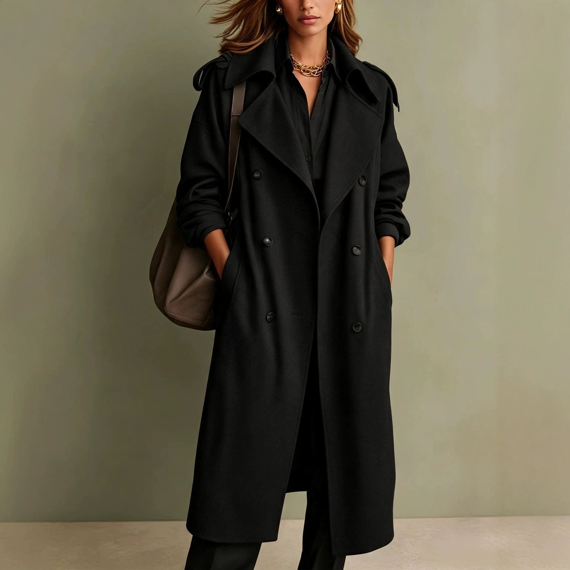 Women's Oversized Double-Breasted Wool Coat with Wide Lapels Chichicherry