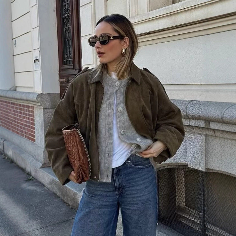Women's Short Boxy Jacket in Oversized Suede Look with Balloon Hem Chichicherry